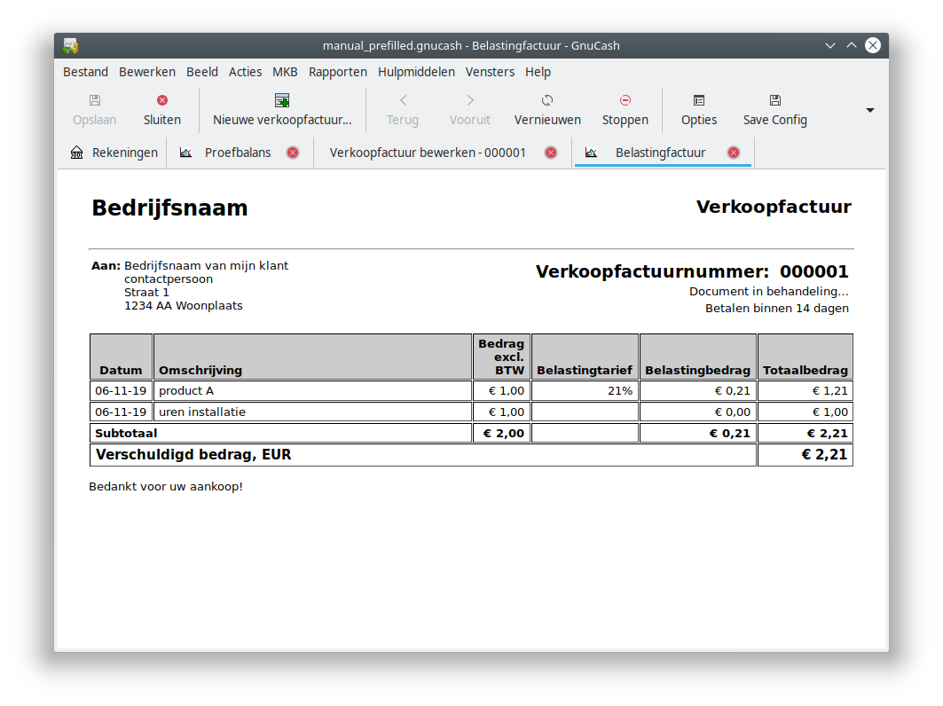 Ongeboekte verkoopfactuur printvoorbeeld